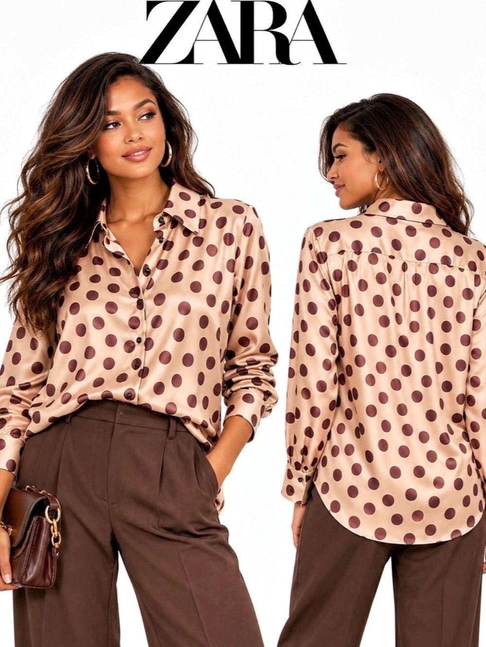 Zara Polka Dot Blouse in Cream & Brown Satin Effect Chocolate ZARA Button Down